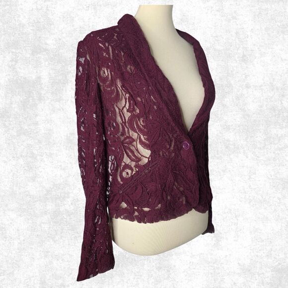 INC Burgundy Lace Blazer Jacket - Sheer Romantic Layer - Size Large - Picture 7 of 7